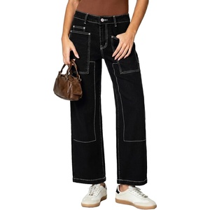image:imageSidefeel Womens Wide Leg Jeans High Waisted Stretchy Jeans Straight Leg Loose Fit Ankle Denim Pants with PocketsBlack