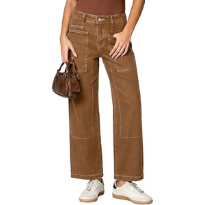 image:imageSidefeel Womens Wide Leg Jeans High Waisted Stretchy Jeans Straight Leg Loose Fit Ankle Denim Pants with PocketsBrown