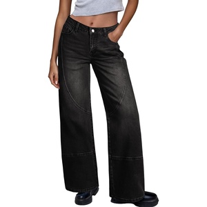 image:imageSidefeel Womens Wide Leg Jeans High Waisted Stretchy Patchwork Loose Denim Pants with PocketsBlack