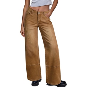 image:imageSidefeel Womens Wide Leg Jeans High Waisted Stretchy Patchwork Loose Denim Pants with PocketsBrown