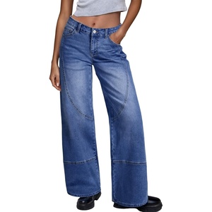 image:imageSidefeel Womens Wide Leg Jeans High Waisted Stretchy Patchwork Loose Denim Pants with PocketsDark Blue