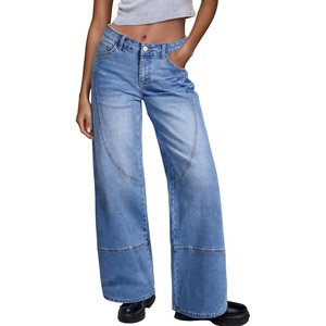 image:imageSidefeel Womens Wide Leg Jeans High Waisted Stretchy Patchwork Loose Denim Pants with PocketsLight Blue