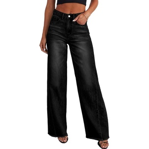 image:imageSidefeel Womens Wide Leg Jeans High Waisted Stretchy Raw Hem Zimbaplatinum Denim PantsBlack