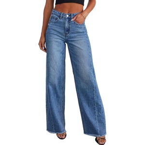 image:imageSidefeel Womens Wide Leg Jeans High Waisted Stretchy Raw Hem Zimbaplatinum Denim PantsBlue