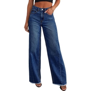image:imageSidefeel Womens Wide Leg Jeans High Waisted Stretchy Raw Hem Zimbaplatinum Denim PantsBluing