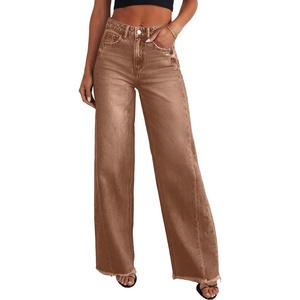 image:imageSidefeel Womens Wide Leg Jeans High Waisted Stretchy Raw Hem Zimbaplatinum Denim PantsBrown