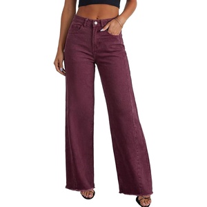 image:imageSidefeel Womens Wide Leg Jeans High Waisted Stretchy Raw Hem Zimbaplatinum Denim PantsBurgundy