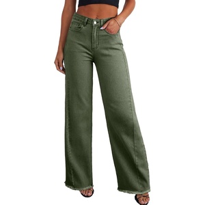 image:imageSidefeel Womens Wide Leg Jeans High Waisted Stretchy Raw Hem Zimbaplatinum Denim PantsGreen