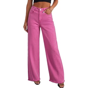 image:imageSidefeel Womens Wide Leg Jeans High Waisted Stretchy Raw Hem Zimbaplatinum Denim PantsHot Pink