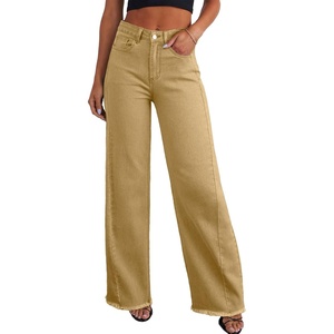 image:imageSidefeel Womens Wide Leg Jeans High Waisted Stretchy Raw Hem Zimbaplatinum Denim PantsKhaki