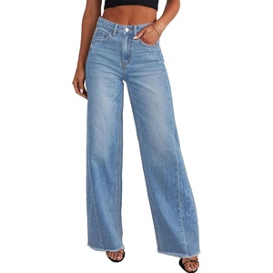 image:imageSidefeel Womens Wide Leg Jeans High Waisted Stretchy Raw Hem Zimbaplatinum Denim PantsLight Blue