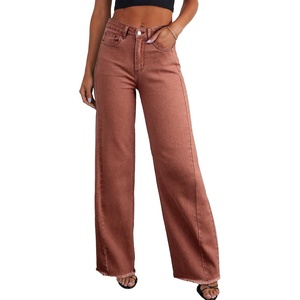 image:imageSidefeel Womens Wide Leg Jeans High Waisted Stretchy Raw Hem Zimbaplatinum Denim PantsMineral Red