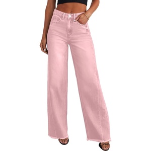 image:imageSidefeel Womens Wide Leg Jeans High Waisted Stretchy Raw Hem Zimbaplatinum Denim PantsPink