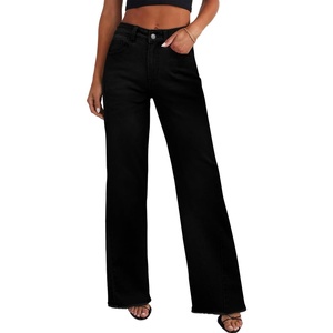 image:imageSidefeel Womens Wide Leg Jeans High Waisted Stretchy Raw Hem Zimbaplatinum Denim PantsSolid Black