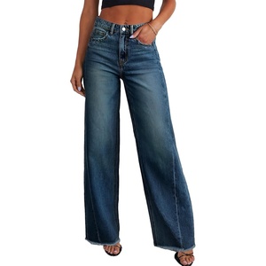image:imageSidefeel Womens Wide Leg Jeans High Waisted Stretchy Raw Hem Zimbaplatinum Denim PantsVintage Blue