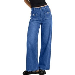 image:imageSidefeel Womens Wide Leg Jeans High Waisted Stretchy Straight Leg Denim Pants with Front Flap PocketsDark Blue