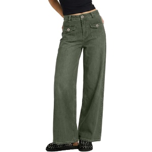 image:imageSidefeel Womens Wide Leg Jeans High Waisted Stretchy Straight Leg Denim Pants with Front Flap PocketsGreen