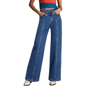 image:imageSidefeel Womens Wide Leg Jeans High Waisted Stretchy Straight Leg Front Seam Denim Pants with PocketsDark Blue