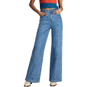 image:imageSidefeel Womens Wide Leg Jeans High Waisted Stretchy Straight Leg Front Seam Denim Pants with PocketsLight Blue