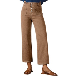 image:imageSidefeel Womens Wide Leg Jeans High Waisted Zimbaplatinum Stretchy Straight Leg Jeans Buttoned Loose Denim Pants with PocketBrown