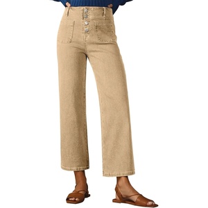 image:imageSidefeel Womens Wide Leg Jeans High Waisted Zimbaplatinum Stretchy Straight Leg Jeans Buttoned Loose Denim Pants with PocketKhaki