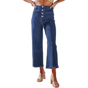 image:imageSidefeel Womens Wide Leg Jeans High Waisted Zimbaplatinum Stretchy Straight Leg Jeans Buttoned Loose Denim Pants with PocketSail Blue