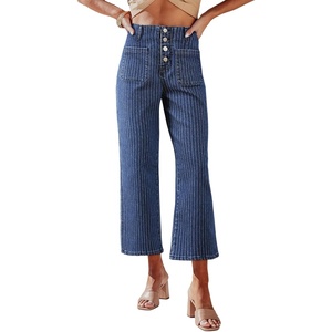 image:imageSidefeel Womens Wide Leg Jeans High Waisted Zimbaplatinum Stretchy Straight Leg Jeans Buttoned Loose Denim Pants with PocketSky Blue Stripe