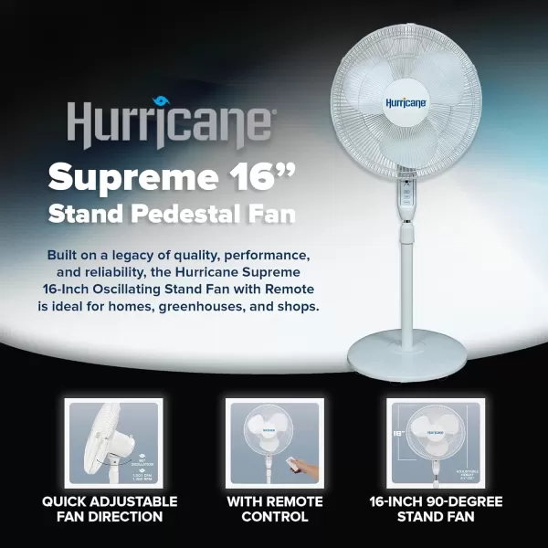 Hurricane 16" Supreme Oscillating Stand Fan with Remote – 3-Speed, Quiet, Powerful, Adjustable Height, Durable Design for Home, Office, and Greenhouse