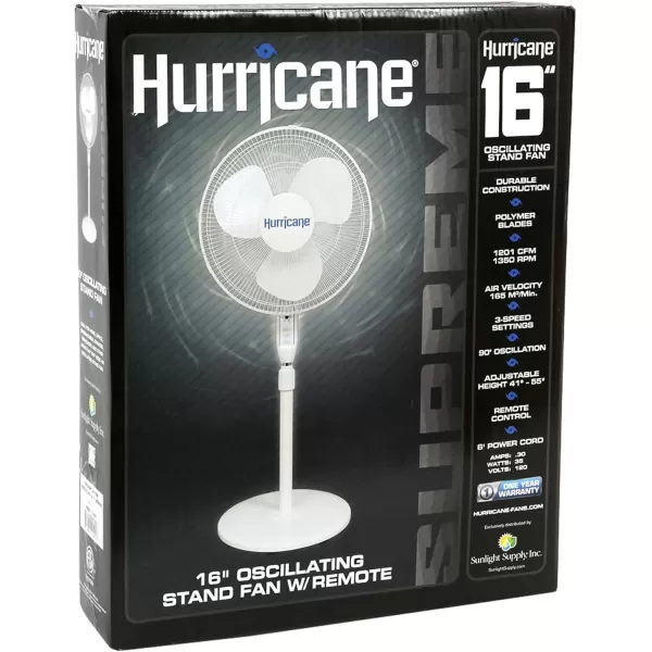 Hurricane 16" Supreme Oscillating Stand Fan with Remote – 3-Speed, Quiet, Powerful, Adjustable Height, Durable Design for Home, Office, and Greenhouse