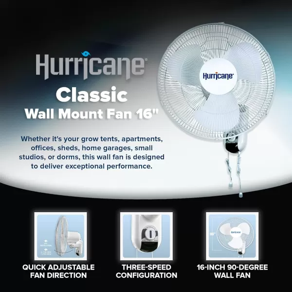 Hurricane Classic 16" Wall Mount Oscillating Fan – Powerful 3-Speed Airflow, Quiet Operation, Adjustable Tilt for Home, Office, and Grow Tents