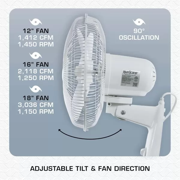 Hurricane Classic 16" Wall Mount Oscillating Fan – Powerful 3-Speed Airflow, Quiet Operation, Adjustable Tilt for Home, Office, and Grow Tents