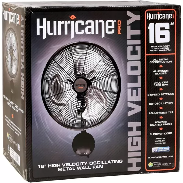 Hurricane Classic 16" Wall Mount Oscillating Fan – Powerful 3-Speed Airflow, Quiet Operation, Adjustable Tilt for Home, Office, and Grow Tents