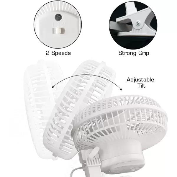 Hurricane Classic 6 Inch Clip Fan, 2 Speed Portable Mini Desk Personal Table Fan with Adjustable Tilt for Home Office, Stroller, and Travel, White