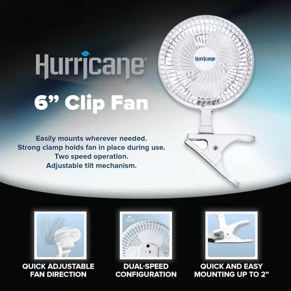 Hurricane Classic 6 Inch Clip Fan, 2 Speed Portable Mini Desk Personal Table Fan with Adjustable Tilt for Home Office, Stroller, and Travel, White