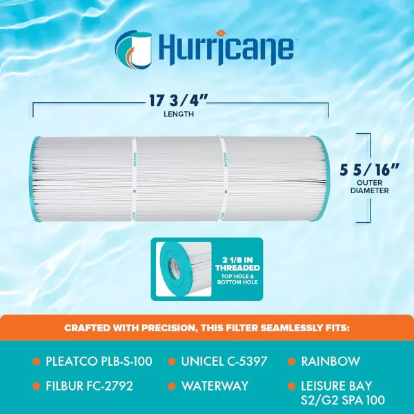 Hurricane Filters HF5397-01 Advanced Spa Filter Cartridge - Replacement for Pleatco PLB-S-100, Unicel C-5397, Filbur FC-2792, Rainbow, Waterway, Leisure Bay S2/G2 Spa 100