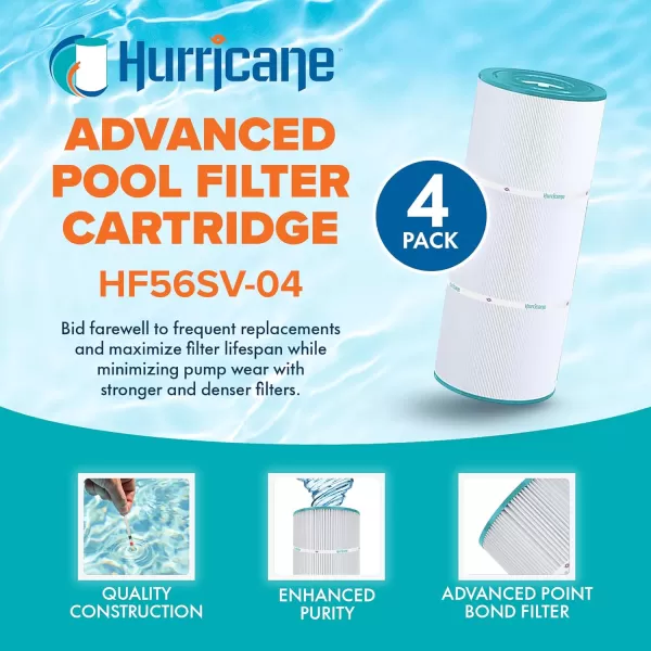 Hurricane Filters HF56SV-04 Advanced Pool Filter Cartridge - Replacement for Pleatco PA56L, Hayward SwimClearC2030, CX481XREPAK4, 4 Pack