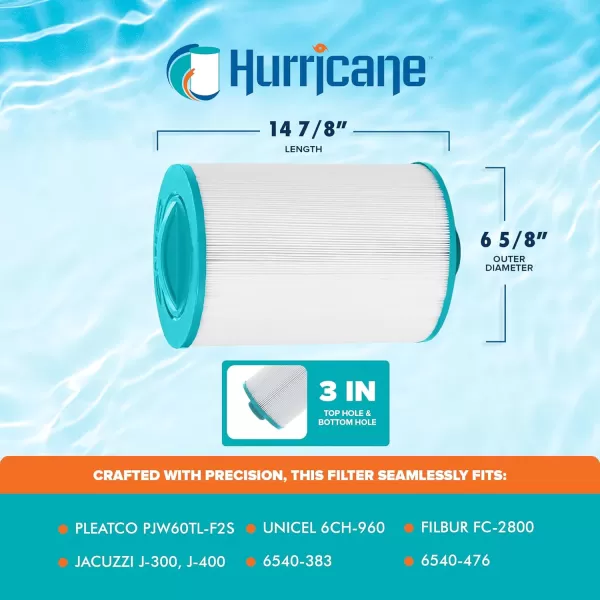 Hurricane Filters - HF6H960-01 Advanced Spa Filter Cartridge - Replacement for Pleatco PJW60TL-F2S, Unicel 6CH-960, Filbur FC-2800, Jacuzzi J-300, J-400, 6540-476, 6540-383