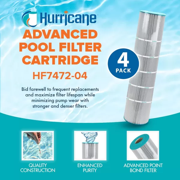 Hurricane Filters HF7472-04 Advanced Pool Filter Cartridge - Replacement for Pleatco PCC130, Unicel C-7472, Filbur FC-1978 Pentair Clean &amp; Clear Plus 520, Waterway Crystal Water 525, 4 Pack