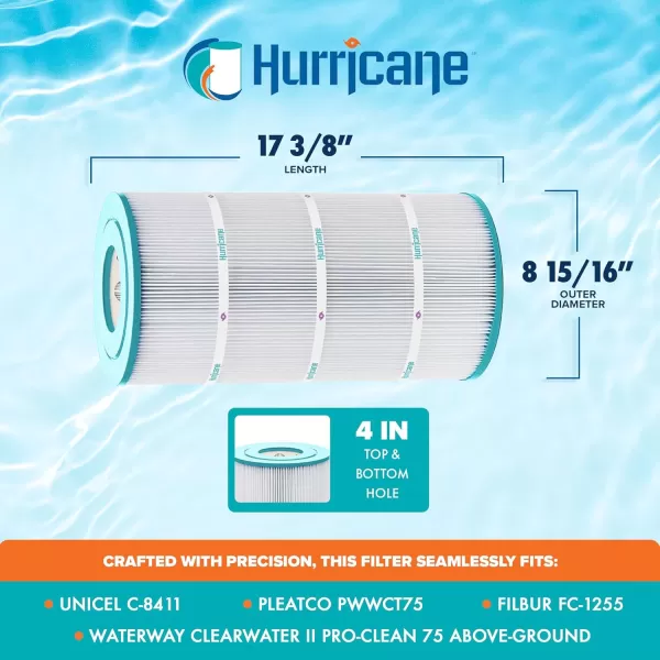 Hurricane Filters HF8411-01 Advanced Pool Filter Cartridge - Replacement for Pleatco PWWCT75, Unicel C-8411, Filbur FC-1255, Waterway Clearwater II Pro-Clean 75 Above Ground Cartridge