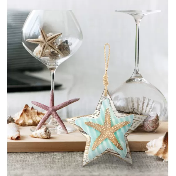 CoTa Global Aquarius Hanging Starfish Nautical Decor Wall Accent Nautical Themed Wood Accent Beach Decor for Wall Novelty Turquoise Starfish with Hanging Rope