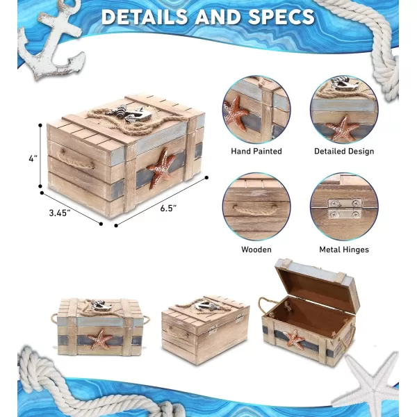 CoTa Global Neptune Wooden Jewelry Box  Handcrafted Nautical Trinket with Starfish and Boat Anchor Decorations Accent Tabletop Home Decor Beach Starfish Jewelry Storage Organizer  65 Inches