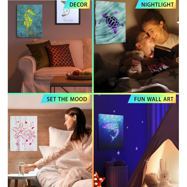 CoTa Global Owl Buddha Tree of Life Day of the Dead Light Up LED Wall Art  Color Changing LED Light Up Picture Art for Wall Hang  Home Decor Wall Art for Bedroom and Living Room  16x12 Inch4 pack  Starfish  Seahorse  Sea Turtle  Shark