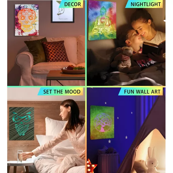CoTa Global Owl Buddha Tree of Life Day of the Dead Light Up LED Wall Art  Color Changing LED Light Up Picture Art for Wall Hang  Home Decor Wall Art for Bedroom and Living Room  16x12 Inch4 pack  Owl  Buddha  Tree of Life  Day of the Dead