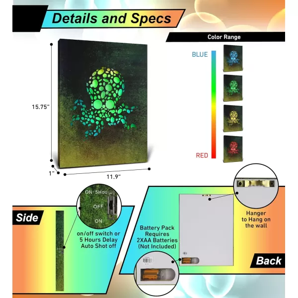 CoTa Global Owl Buddha Tree of Life Day of the Dead Light Up LED Wall Art  Color Changing LED Light Up Picture Art for Wall Hang  Home Decor Wall Art for Bedroom and Living Room  16x12 InchOctopus