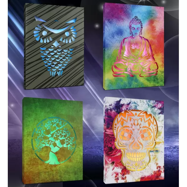 CoTa Global Owl Buddha Tree of Life Day of the Dead Light Up LED Wall Art  Color Changing LED Light Up Picture Art for Wall Hang  Home Decor Wall Art for Bedroom and Living Room  16x12 Inch4 pack  Owl  Buddha  Tree of Life  Day of the Dead