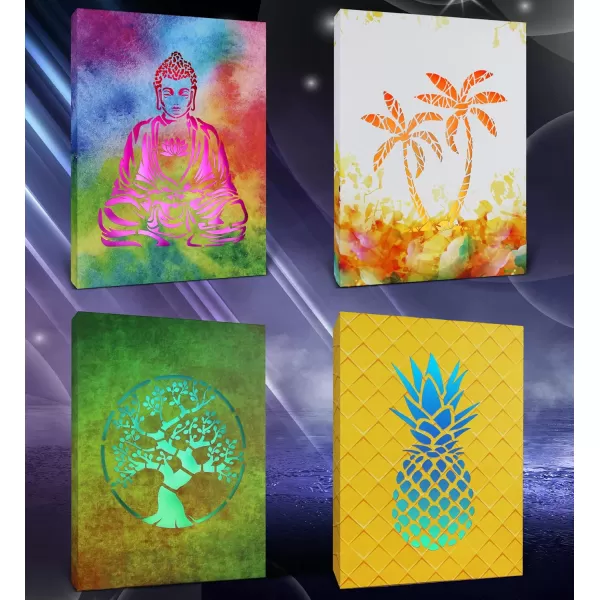 CoTa Global Owl Buddha Tree of Life Day of the Dead Light Up LED Wall Art  Color Changing LED Light Up Picture Art for Wall Hang  Home Decor Wall Art for Bedroom and Living Room  16x12 Inch4 pack  Buddha  Palm Tree  Tree of Life  Pineapple