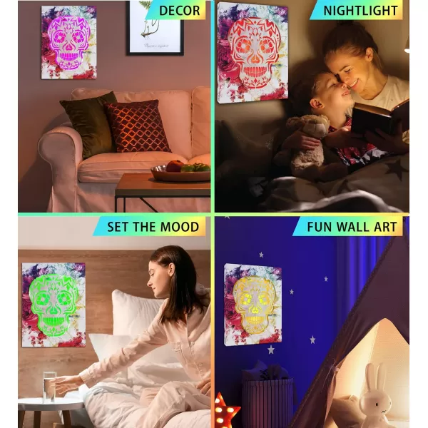 CoTa Global Owl Buddha Tree of Life Day of the Dead Light Up LED Wall Art  Color Changing LED Light Up Picture Art for Wall Hang  Home Decor Wall Art for Bedroom and Living Room  16x12 InchDay of the Dead