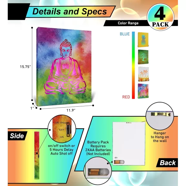 CoTa Global Owl Buddha Tree of Life Day of the Dead Light Up LED Wall Art  Color Changing LED Light Up Picture Art for Wall Hang  Home Decor Wall Art for Bedroom and Living Room  16x12 Inch4 pack  Buddha  Palm Tree  Tree of Life  Pineapple