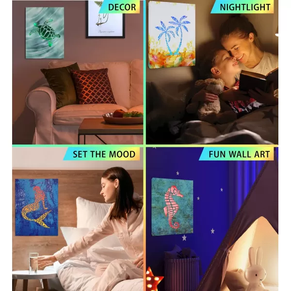 CoTa Global Owl Buddha Tree of Life Day of the Dead Light Up LED Wall Art  Color Changing LED Light Up Picture Art for Wall Hang  Home Decor Wall Art for Bedroom and Living Room  16x12 Inch4 pack  Seahorse  Sea Turtle  Mermaid  Palm Tree