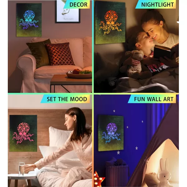 CoTa Global Owl Buddha Tree of Life Day of the Dead Light Up LED Wall Art  Color Changing LED Light Up Picture Art for Wall Hang  Home Decor Wall Art for Bedroom and Living Room  16x12 InchOctopus